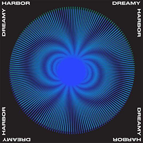 A blue circular pattern on a black background with "dreamy harbor" text.