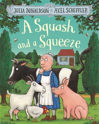 "Children's book cover featuring an elderly woman surrounded by farm animals in a green landscape."