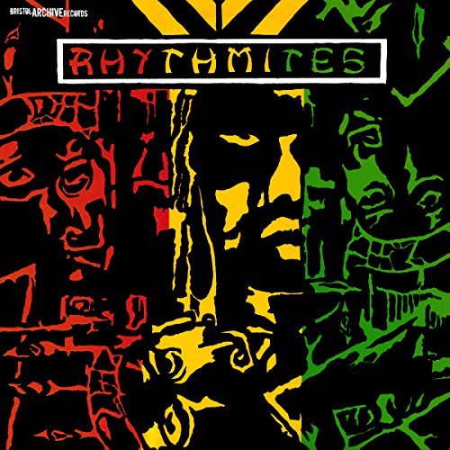 "Album cover with 'Rhythmites' title, featuring stylized faces in red, yellow, and green on black."