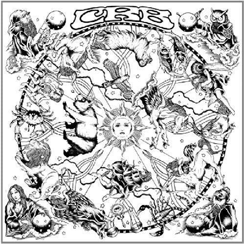 The image depicts the CD cover for "Chris Robinson Brotherhood - Magic Door". #### Alt Text: Black and white CD cover with intricate illustrations and celestial themes.