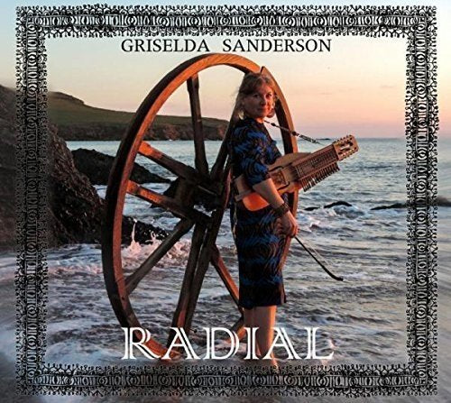 "Album cover featuring a woman holding a stringed instrument beside a large wooden wheel."