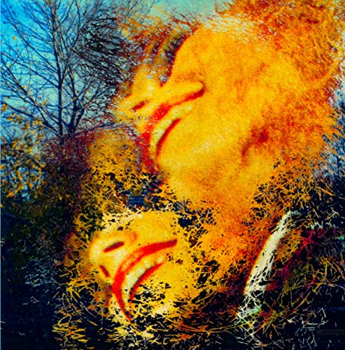 Abstract album cover with a face dissolving into orange and yellow textures.