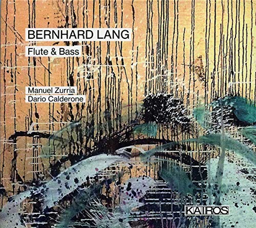"Album cover with abstract beige, black, and blue design, featuring Bernhard Lang's 'Flute & Bass'."