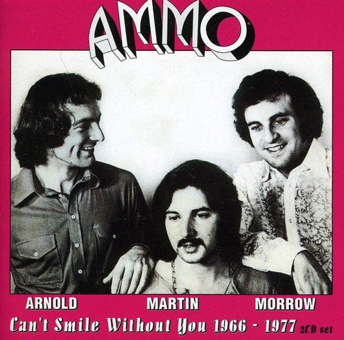 "CD cover with black and white photo of three men on pink background."
