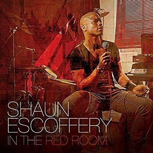 "Singer Shaun Escoffery sits holding a microphone, surrounded by music equipment."