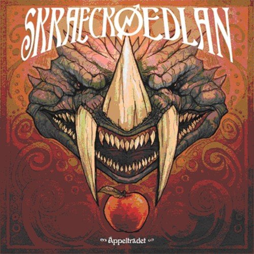 Dragon head illustration with sharp teeth and a single red apple below.