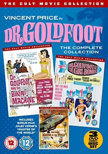 "Blue DVD case with 'Dr. Goldfoot' title, featuring three movie covers and a spaceship image."