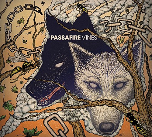 "Album cover art featuring two wolves bound by vines and chains."