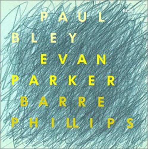 "Album cover with scribbled black lines and yellow text listing the artists' names."