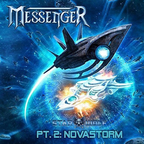 CD cover: Spaceship and wolf amidst a cosmic, blue and white storm.