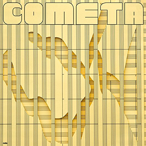 The alt text for the image could be: "Yellow vinyl record cover with 'COMETA' text and abstract striped design."