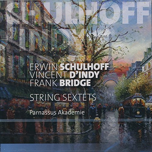 CD cover with painted cityscape and composers’ names: Schulhoff, d’Indy, Bridge.