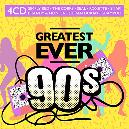 "CD cover with 'Greatest Ever 90s' text, cassette tape, and dancing silhouettes on a yellow background."