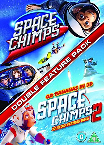 DVD cover for “Space Chimps 1 And 2” featuring cartoon chimpanauts in space.