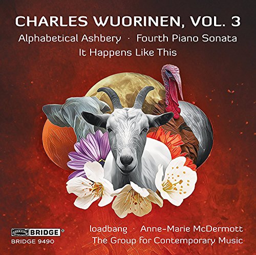 "CD cover featuring a white goat surrounded by flowers and planets on a red background."