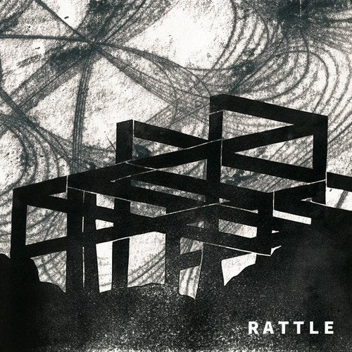 "Album cover with abstract black geometric shapes and 'RATTLE' text on a textured background."