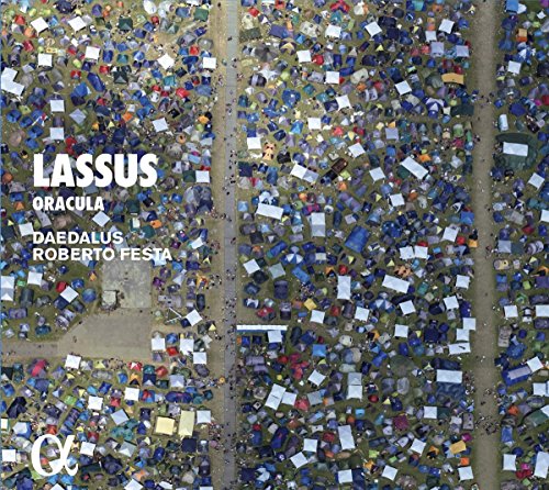 Aerial view of a crowded festival with tents, text "Lassus Oracula" and artist names.
