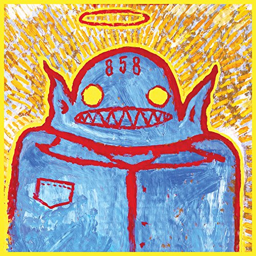 Painting of a blue creature with yellow eyes, sharp teeth, and a halo.