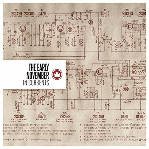 The image is a CD cover for "The Early November - In Currents". #### Alt text: "Album cover with electronic circuit diagram and text 'The Early November In Currents'."
