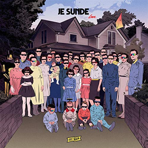 CD cover: illustrated group portrait with sunglasses in front of a house.