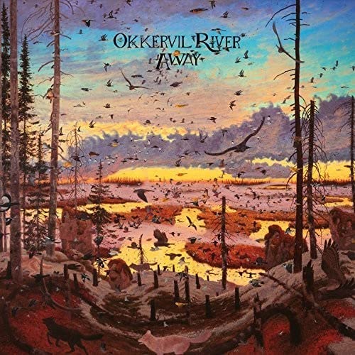 Album cover featuring a surreal landscape with birds, trees, and the text Okkervil River Away.