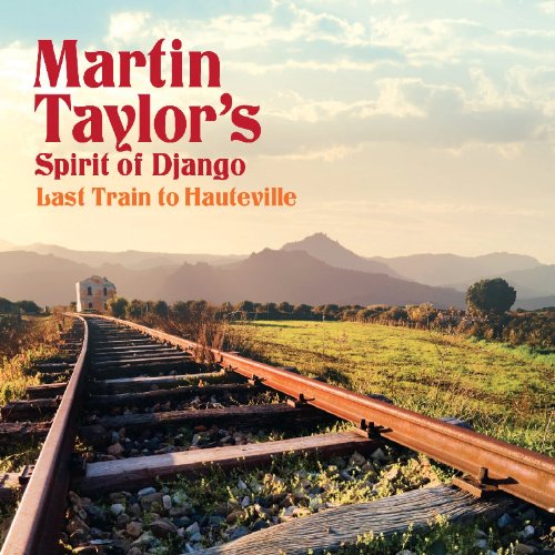 "Album cover featuring train tracks with a train in the distance, mountains, and green fields."