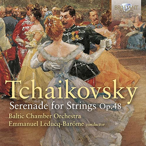 CD cover: painting of a ballroom scene, text “Tchaikovsky Serenade for Strings”.