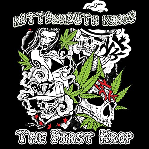 Black and white album cover with skulls, a woman, and cannabis leaves.