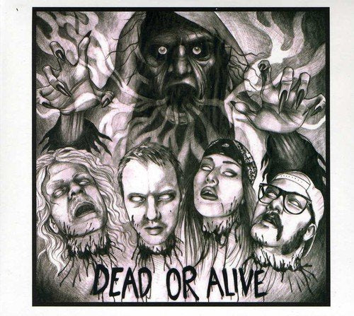 "Album cover art: black and white illustration of a grim reaper and four screaming men."