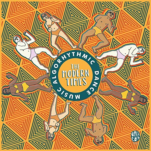 "Vinyl record cover with dancing figures and geometric patterns, titled 'The Modern Times'."