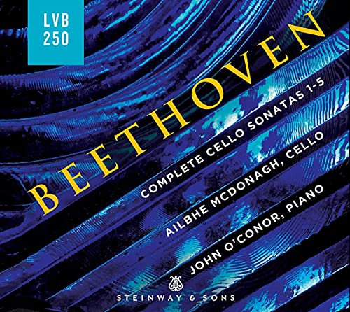 "CD cover with blue abstract pattern, yellow 'Beethoven' text, and white performer names."