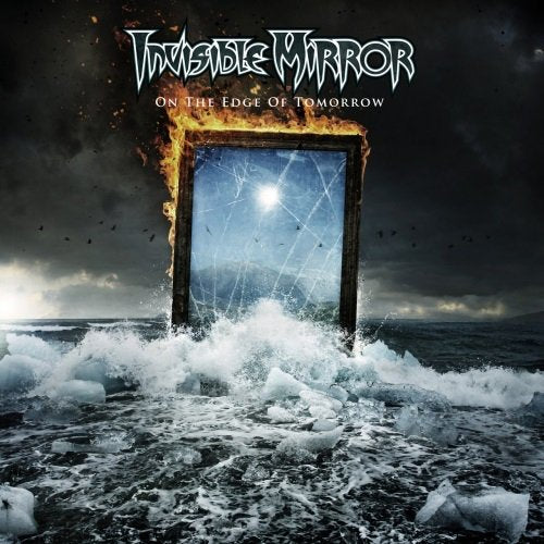 "Album cover with a burning mirror in turbulent water under a dark sky."