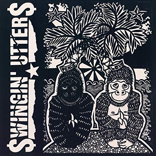 Blue and white album cover featuring two gorillas and peace symbols.