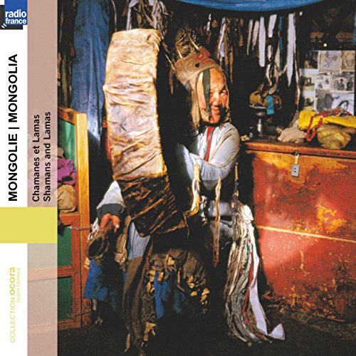 CD cover featuring a Mongolian shaman with a large stringed instrument.