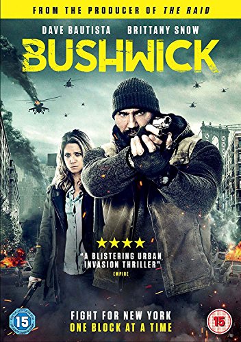 DVD cover for "Bushwick" featuring armed people amid urban destruction.