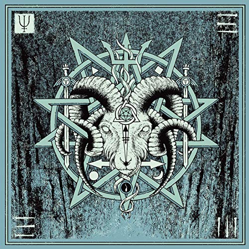 "Album cover with a goat's head surrounded by occult symbols on a dark background."