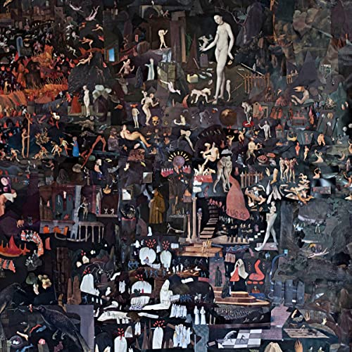 Collage of figures and structures in dark, earthy tones, highly detailed.