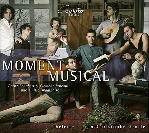 "CD cover with musicians in a room, 'MOMENT MUSICAL' text prominently displayed."