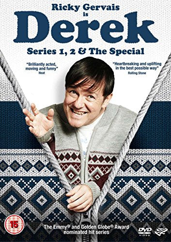 "DVD cover featuring Ricky Gervais as Derek, smiling and holding a hammock."