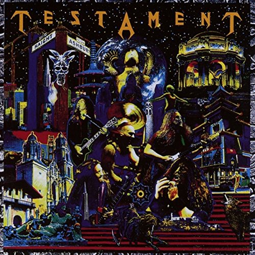 "Album cover with 'Testament' in gold letters, featuring a dark, fantastical cityscape and musicians."
