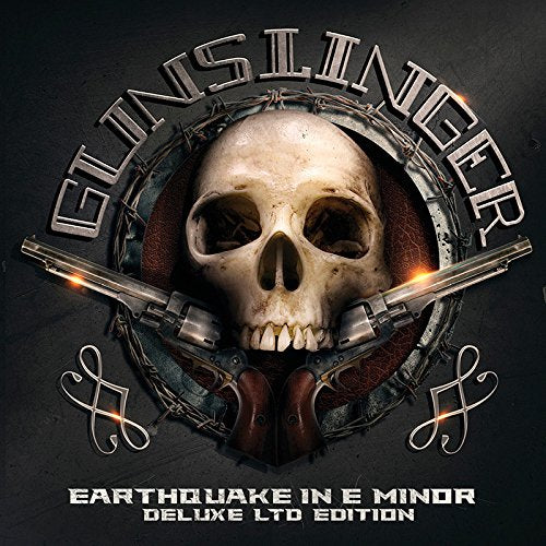 "Album cover featuring a skull with crossed pistols and metal framing on a dark background."