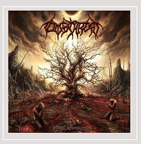 Dark album cover with a barren tree, figures, and band name "Tombthroat".