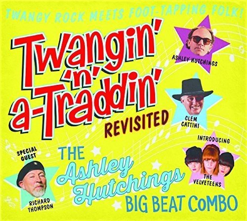 "Album cover with yellow background, featuring large red title and four star-shaped musician portraits."