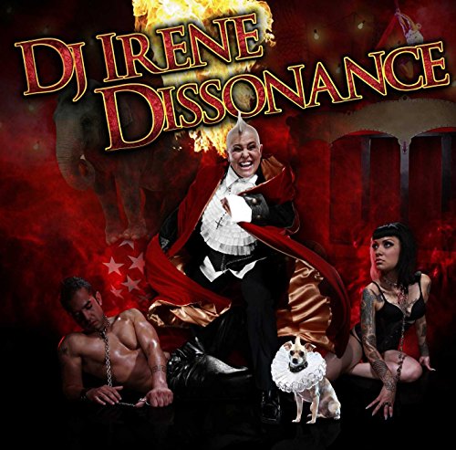 Album cover: bald man in red coat with dog, flanked by chained man and kneeling woman.