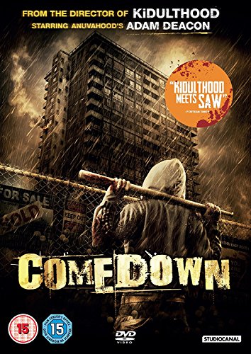 The image shows a DVD cover for "Comedown" with a hooded figure holding a bat.