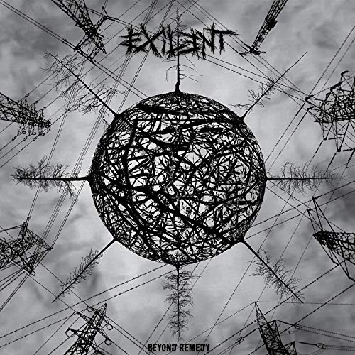 Black and white album cover with a spherical web of lines and power lines.