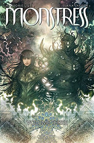 "Monstress Volume 3: Haven" comic book cover featuring a woman surrounded by dark tentacles.