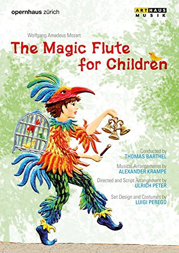 "DVD cover for Mozart's 'The Magic Flute for Children' featuring a colorful character."
