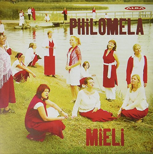 "Album cover featuring women in red and white by a lake."
