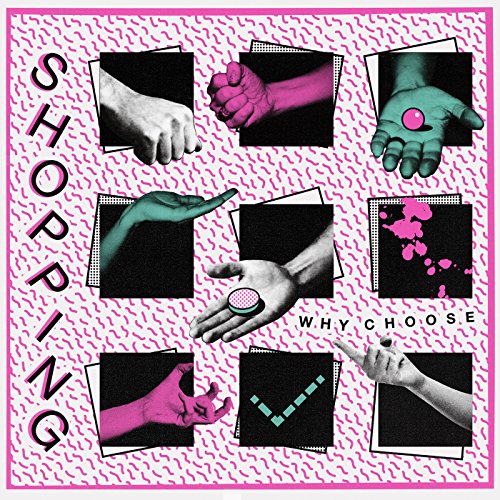 Collage of hands and objects against a pink and white wavy pattern.